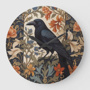 Eleganter schwarzer Rabe William Morris inspiriert Große Wanduhr