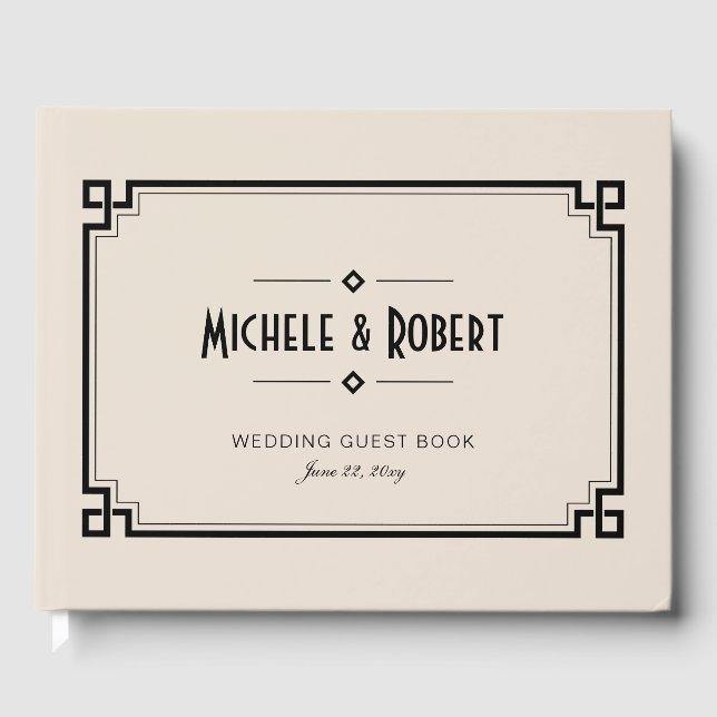 Eleganter Schwarzer Rahmen Art Deco Beige Hochzeit Gästebuch (Vorderseite)
