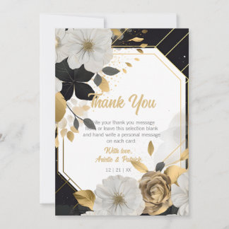Eleganter Schwarzer Rahmen mit weißer Goldflora Dankeskarte