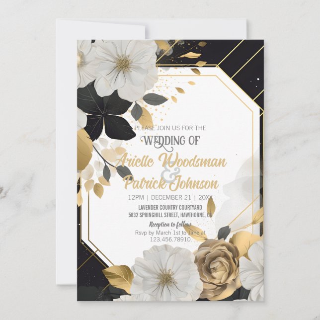 Eleganter Schwarzer Rahmen mit weißer Goldflora Einladung (Vorderseite)