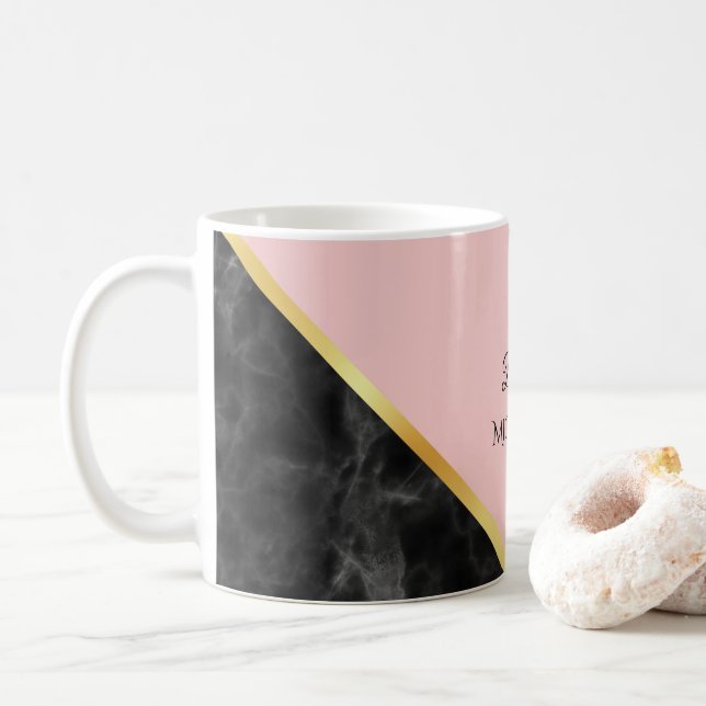 Eleganter schwarzer rosa Farbmarmorierungblock mit Kaffeetasse (Mit Donut)
