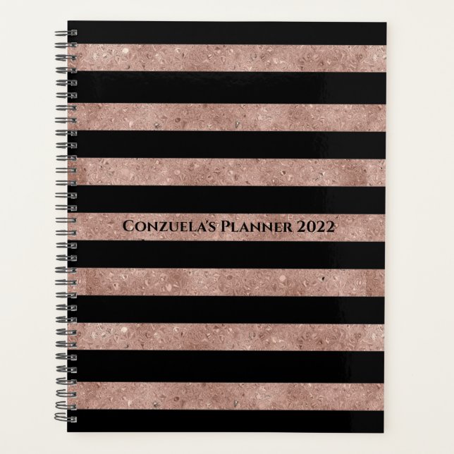 Eleganter Schwarzer Rose Gold Glitzer gestreift Planer (Vorderseite)
