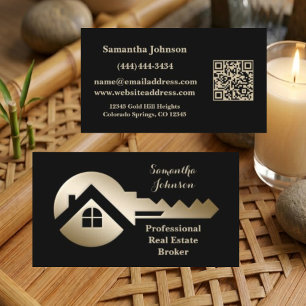 Eleganter schwarzer Schlüssel mit goldenem QR-Code Visitenkarte