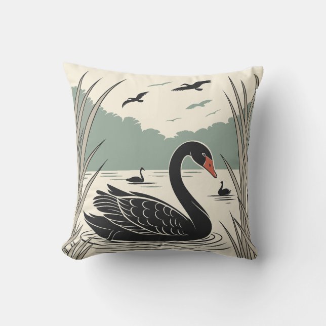 Eleganter Schwarzer Schwan Kissen (Vorderseite)