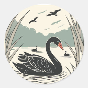 Eleganter Schwarzer Schwan Runder Aufkleber