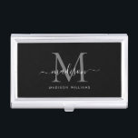 Eleganter schwarzer Silver Gray Monogram Script Na Visitenkarten Dose<br><div class="desc">Eleganter Black Silver Slate Gray Monogram Girly Script Name Business Card Fall</div>