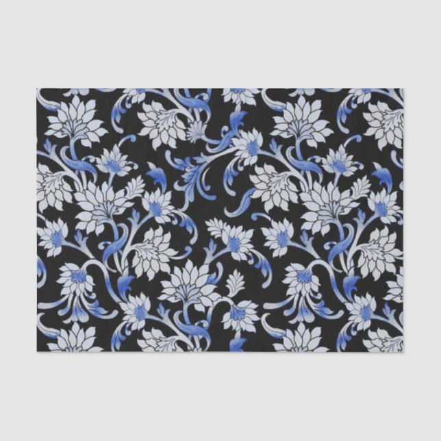Eleganter Schwarzer, Smoky Blau & Weiße Blütenwein Seidenpapier (Vorderseite)