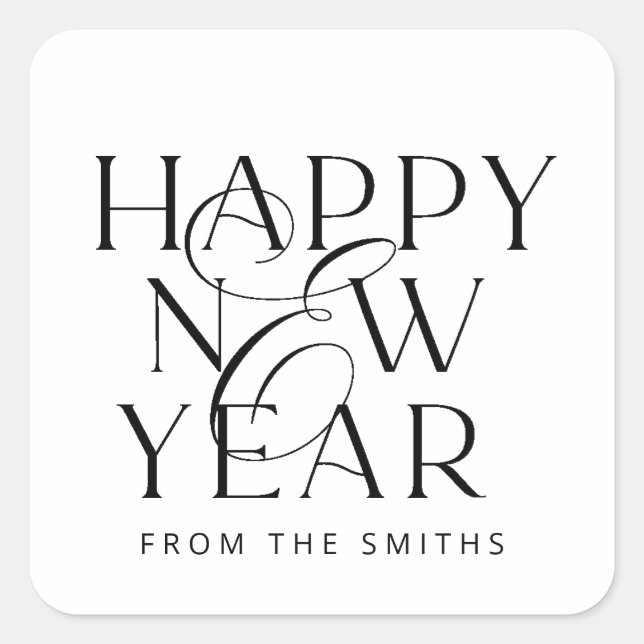 Eleganter schwarzer Text Happy New Year Custom Des Quadratischer Aufkleber (Vorderseite)
