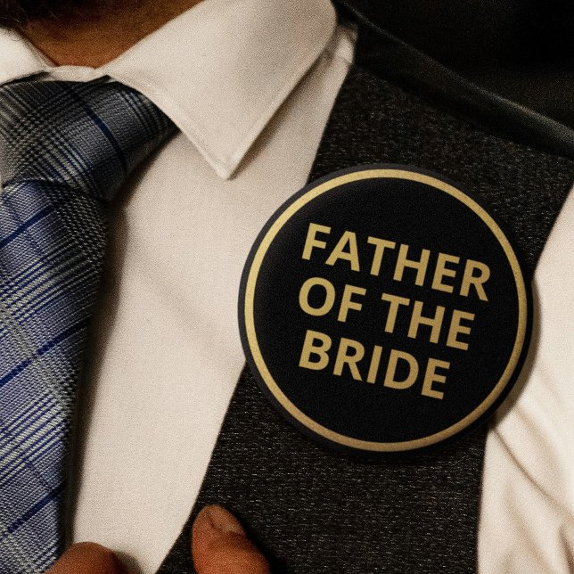 Eleganter schwarzer Text Hochzeit Vater der Braut Button (Elegant Black Gold Text Wedding Father of Bride Button)