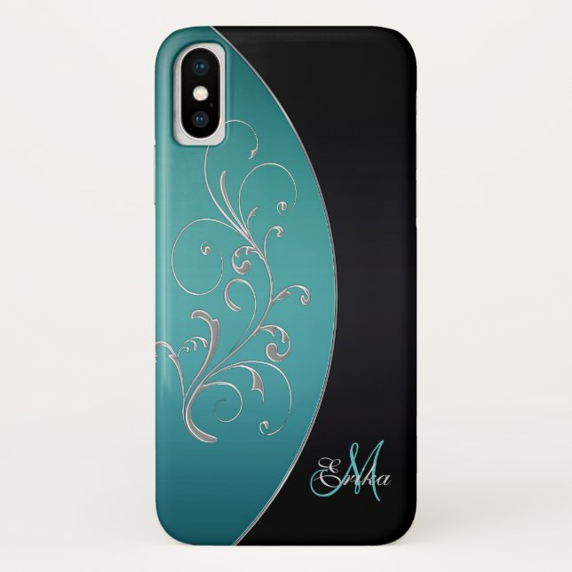 Eleganter schwarzer und aquamariner Monogramm Case-Mate iPhone Hülle (Rückseite)
