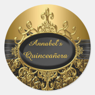 Eleganter schwarzer und goldener Damast-Quinceaner Runder Aufkleber