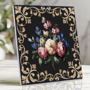 Eleganter schwarzer und goldener florale Barock Fliese