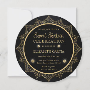 Eleganter schwarzer und goldener Mandala Sweet Six Einladung