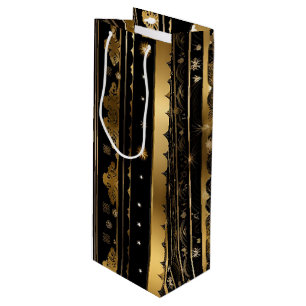 Eleganter schwarzer und goldener vertikaler Streif Geschenktüte Für Weinflaschen