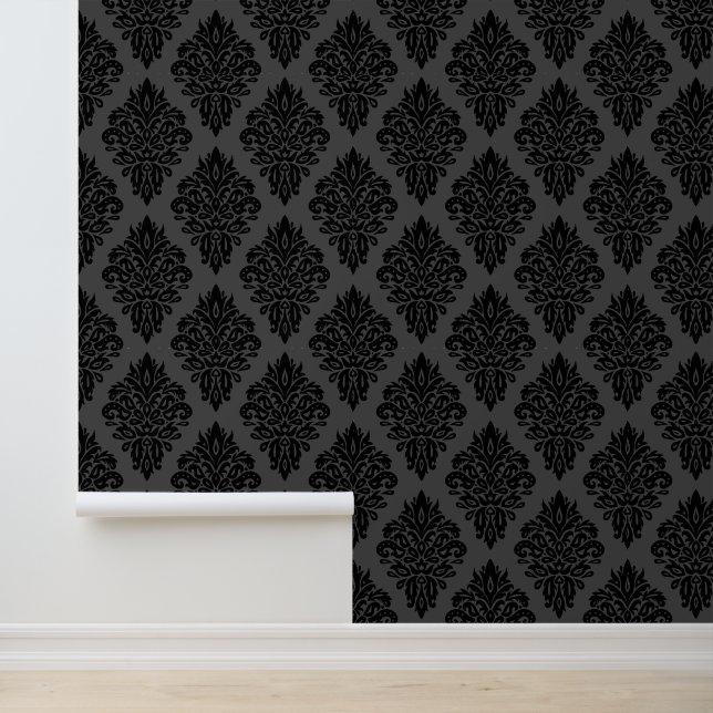 Eleganter schwarzer und grauer Velvet Damask Tapete (Anwendung)