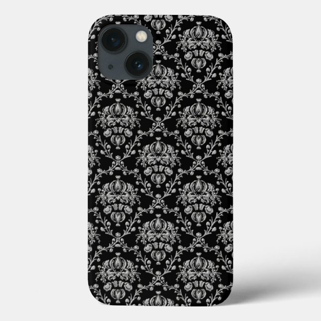 Eleganter schwarzer und silberer Damast Case-Mate iPhone Hülle (Rückseite)