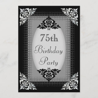 Eleganter schwarzer und silberner 75. Geburtstag Einladung