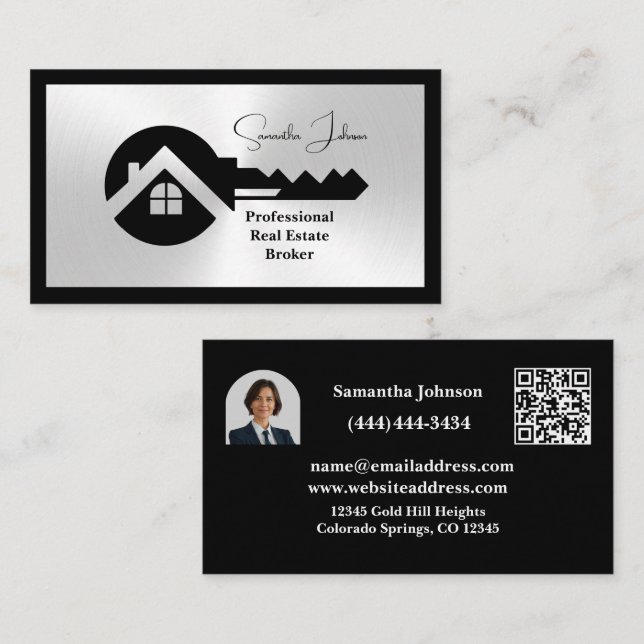 Eleganter schwarzer und silberner QR-Code Foto-Imm Visitenkarte (Vorne/Hinten)