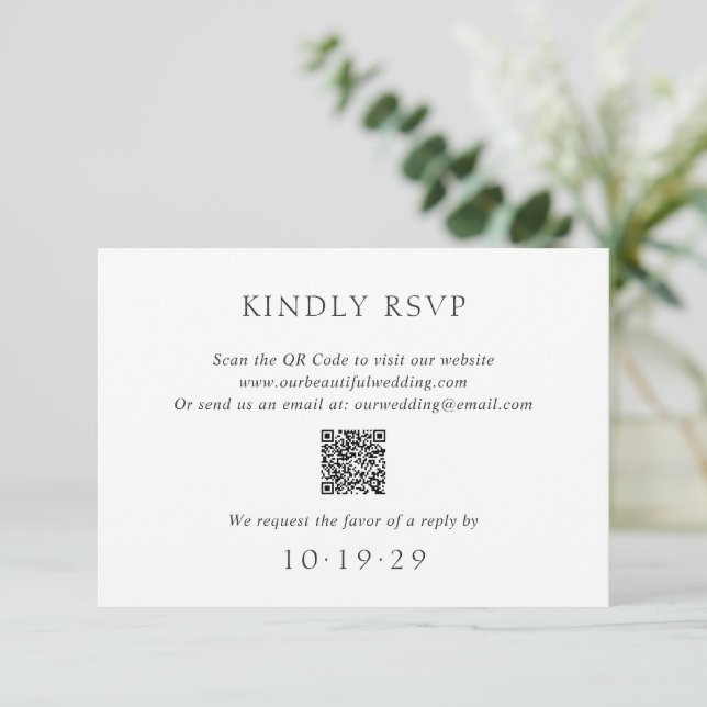 Eleganter schwarzer und weißer QR-Code Moderne Hoc RSVP Karte (Stehend Vorderseite)