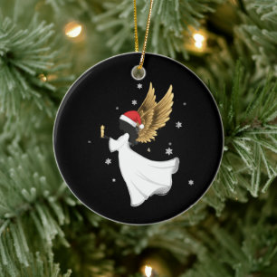 Eleganter schwarzer Weihnachtsengel mit goldenen F Keramik Ornament