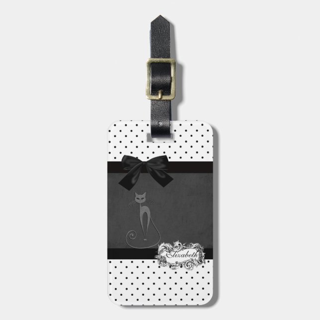 Eleganter schwarzer, weißer Polka Dots-Black Bow,  Gepäckanhänger (Vorderseite vertikal)
