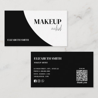 Eleganter schwarzer & weißer QR-Code-Make-up-Artis Visitenkarte