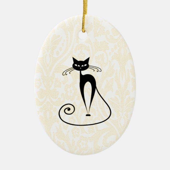 Eleganter Schwarzkatzendamast Vintag Keramik Ornament (Vorne)