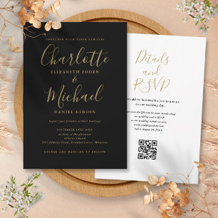 Eleganter Script Black and Gold QR Code Hochzeit Einladung