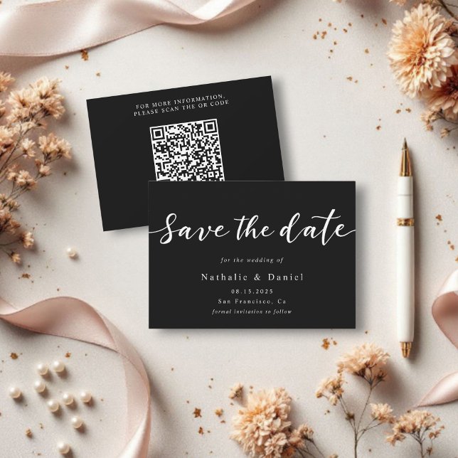 Eleganter Script Black and White QR Code Hochzeit Save The Date (Von Creator hochgeladen)