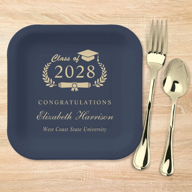 Eleganter Script Blue Gold Abschluss Pappteller (Von Creator hochgeladen)