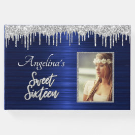 Eleganter Script Blue Metallic Silver Glitzer Gästebuch