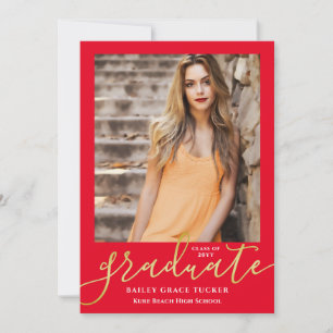 Eleganter Script Bright Red Gold 2-Foto Abschluss Ankündigung