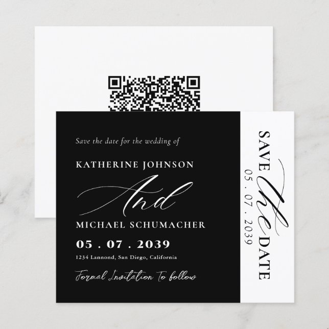 Eleganter Script Calligraphy & QR Code Save the Da (Vorne/Hinten)