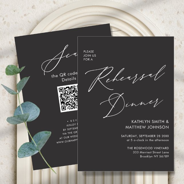 Eleganter Script Chic Gray Probe Dinner QR Code Einladung (Von Creator hochgeladen)