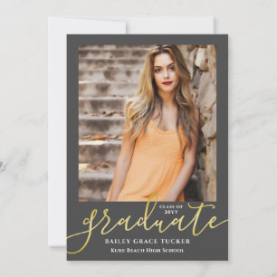 Eleganter Script Dark Gray Gold 2-Foto Abschluss Ankündigung