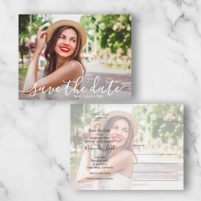 Eleganter Script-Foto-Abschluss Save the Date Postkarte (Von Creator hochgeladen)