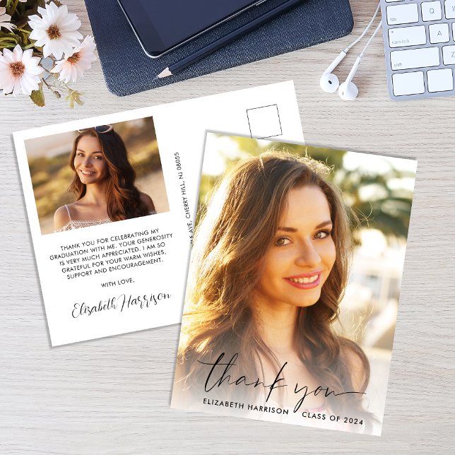 Eleganter Script Foto Overlay Abschluss Vielen Dan Postkarte (Von Creator hochgeladen)