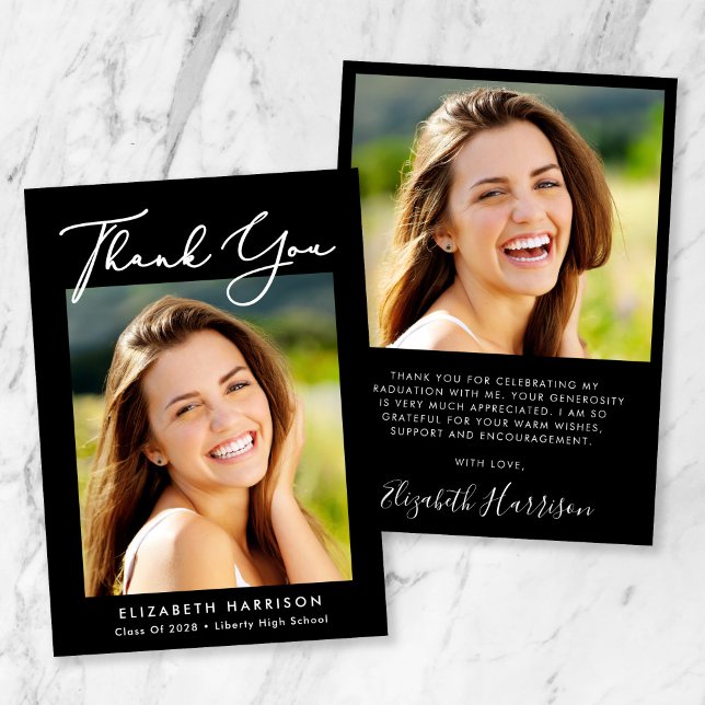 Eleganter Script-Foto Schwarzer Abschluss Dankeskarte (Von Creator hochgeladen)