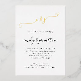 Eleganter Script Initials QR Code Hochzeit Real Folieneinladung