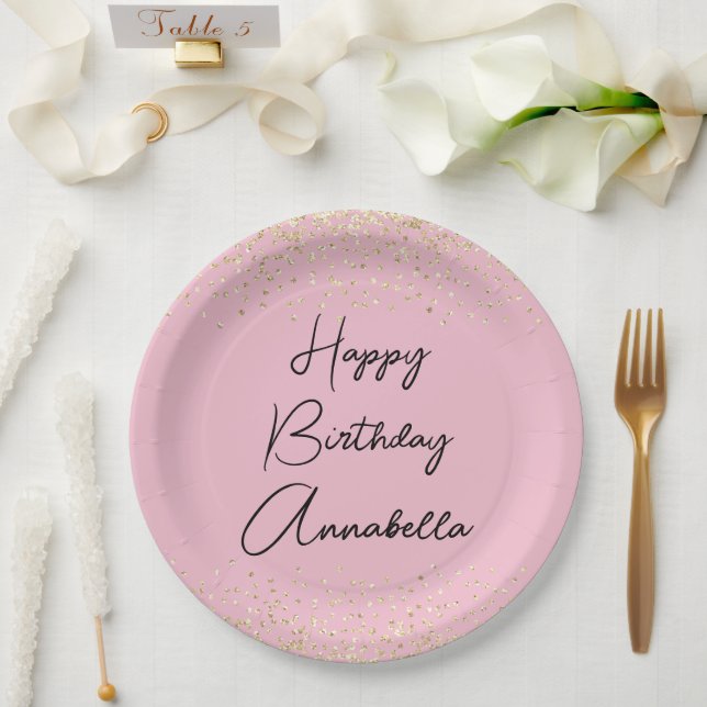 Eleganter Script Name Gold Glitzer auf Rosa Rosa Pappteller (Hochzeit)