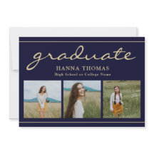 Eleganter Script Navy Gold Drei-Foto-Abschluss