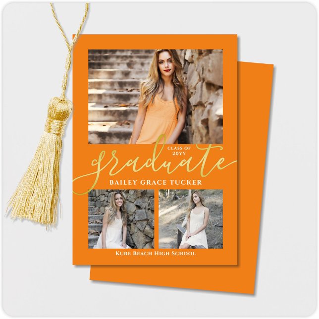 Eleganter Script Orange 3-Foto Collage Abschluss Ankündigung (Von Creator hochgeladen)