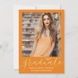 Eleganter Script Orange Gold 2-Foto Abschluss Ankündigung