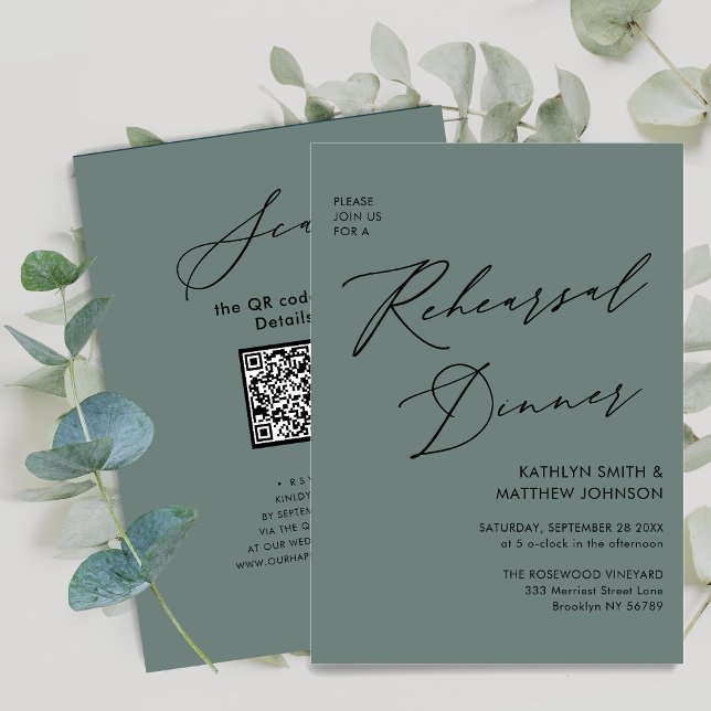 Eleganter Script Sage Green Probe Dinner QR Code Einladung (Von Creator hochgeladen)