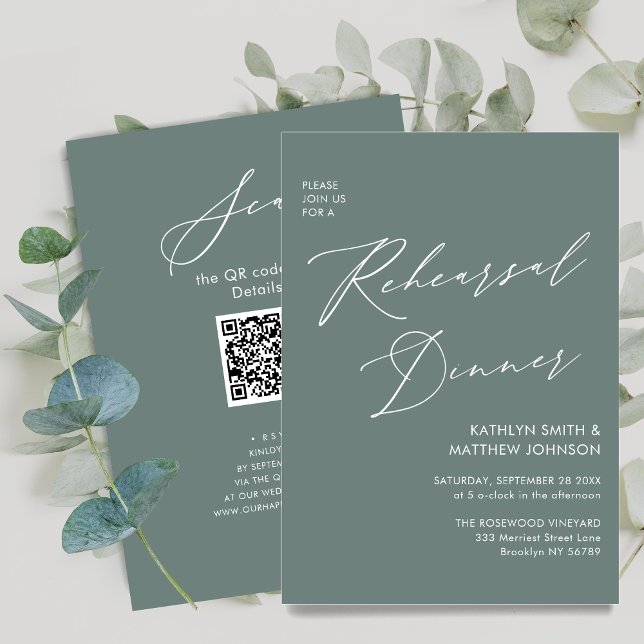 Eleganter Script Sage Green Probe Dinner QR Code Einladung (Von Creator hochgeladen)