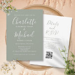 Eleganter Script Sage Green Simple QR Code Hochzei Einladung<br><div class="desc">Diese elegante und grüne Hochzeitseinladung mit ihren charakteristischen Stilnamen kann mit all Ihren besonderen Hochzeitstag-Informationen auf der Vorderseite,  Ihren Hochzeitswebseiten-Details und Ihrem QR-Code auf der Rückseite personalisiert werden. Entwickelt von Thisisnotme©</div>