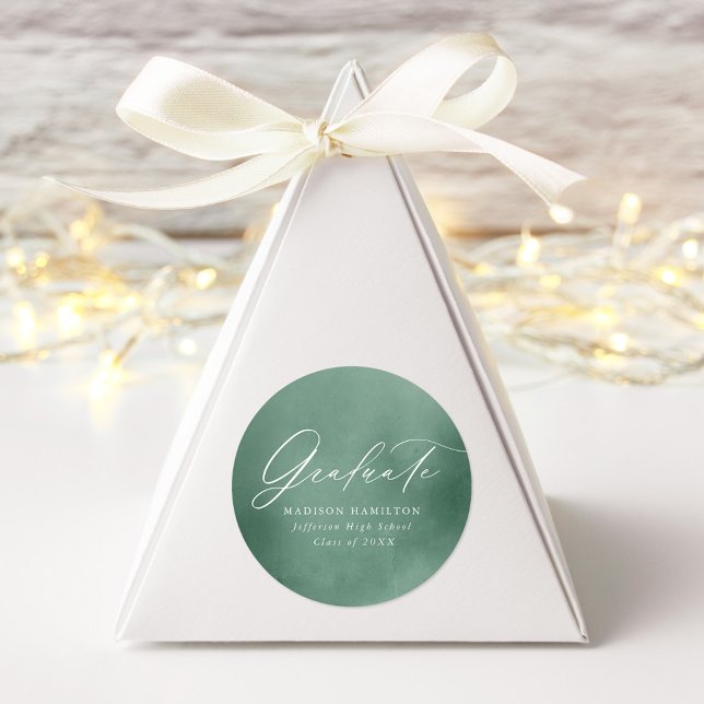 Eleganter Script Sage Green Watercolor Abschluss Runder Aufkleber (Von Creator hochgeladen)