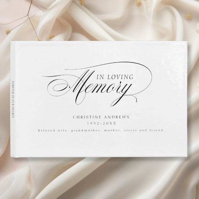 Eleganter, Script-Schriftart "In Love Memory" Beer Gästebuch (Elegant, Script Font "In Loving Memory" Funeral Guest Book, White.)