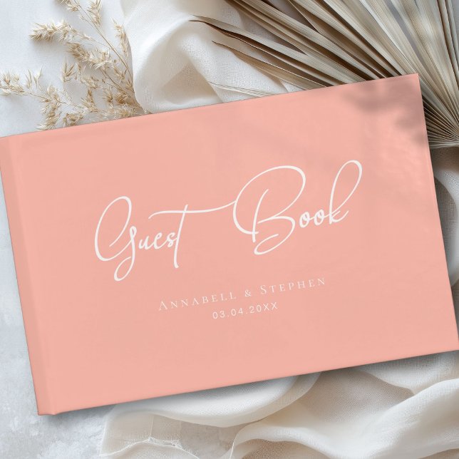 Eleganter, Script-Schriftart, Korallenpfirsich, Ho Gästebuch (Elegant, Script Font, Coral-Peach, Wedding Guest Book)