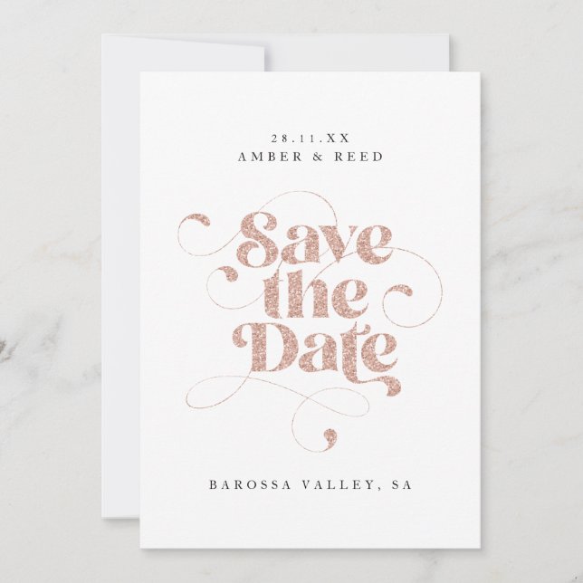 Eleganter Script Words Rose Gold Imitats Glitzer Save The Date (Vorderseite)